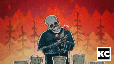 Piiretty kuva, kuolemalta näyttävä hahmo seisoo ruusut kädessään. Takana palaavaa metsää.
