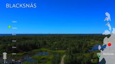 Skärmdump från Forststyrelsens visualiseringsvideo för havsvindkraftsparken utanför Korsnäs.