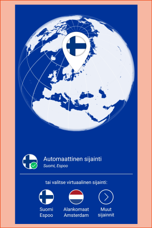 Kuvakaappaus VPN-sovellus Freedomesta: Automaattinen sijainti Suomi, sijaintia on helppo vaihtaa.
