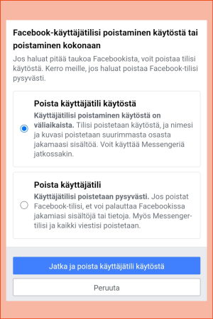 Kuvakaappaus Facebookin asetuksista: Valittuna Poista käyttäjätili käytöstä.