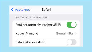 Kuvakaappaus Safari-selaimen asetuksista, vihreä täppä kohdassa Estä seuranta.
