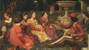 Decamerone-teoksen kehyskertomuksen kertojia puistossa. Maalaus: John William Waterhouse (J W Waterhouse), 1916-1917.