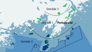 Så här skulle den planerade nationalparken ha sett ut. En karta över de olika områdena som Forstyrelsen föreslagit som Porkala nationalpark.