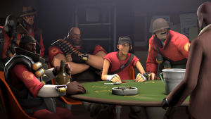 Team Fortress 2 -hahmot pokeripöydän äärellä