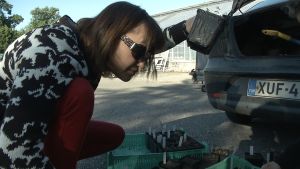 Susanna Lehvävirta packar plantor på väg till Raumo. Susanna Lehvävirta packar plantor.