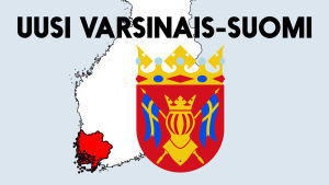 Suomen kartta, jossa Varsinais-Suomen alue on värjätty punaisella. Kuvassa Varsinais-Suomen vaakuna sekä teksti uusi Varsinais-Suomi.