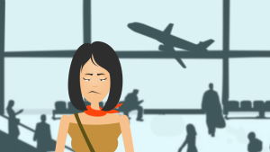 Piirretty nainen seisoo harmistuneena lentokentällä. Taustalla kone nousee ilmaan.