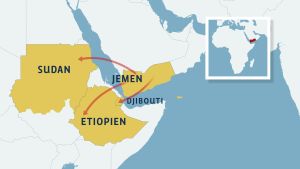 Vägen över Adenviken eller Röda havet är farlig. Den kortaste vägen är över sundet mellan Jemen och Djibouti. Det kallas dödens portar. karta över afrikas horn