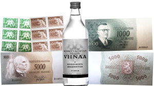 Tapio Wirkkalan suunnittelemia postimerkkejä, Koskenkorvaviinapullon etiketti ja seteleitä