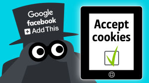 Piirroshahmo, joka hatussa logot Google, Facebook ja AddThis. Accept Cookies -teksti.
