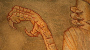 Yksityiskohta Kansallismuseossa aulan katossa sijaitsevasta Akseli Gallen-Kallelan frescosta Sammon puolustus. Yksityiskohta Gallen-Kallelan frescosta Sammon puolustus