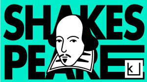 Piirretty kuva William Shakespearen naamasta ja teksti Shakespeare.