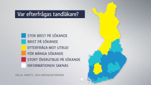 Grafiken baserar sig på Arbets- och näringsbyråernas uppgifter över arbetssökande. Mer exakta uppgifter om hur behovet ser ut i en specifik stad finns på www.ammattibarometri.fi. Grafik för Myteriet