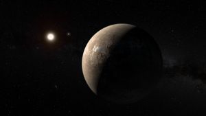 Konstnärens vision av vår närmaste grannstjärna, Proxima Centauri, och planeten Proxima b. En konstnärs uppfattnng om hur Proxima b kunde se ut.