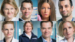Kuvassa on 8 eri roolihenkilöä sarjasta Syke.