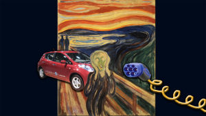 Munchs skriet med infogad elbil och laddsladd.