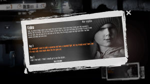 Stillbild från This war of mine Stillbild från spelet This war of mine där vi ser ett foto på en liten flicka och en text som beskriver henne.