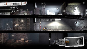 Stillbild från This war of mine Stillbild från spelet This war of mine där vi ser en genomskärning av ett hus och en liten flicka som står i ett rum och talar med sin pappa.
