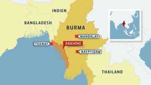 Största delen av flyktingarna som har tagit sig till Bangladesh kommer från norra Rakhine, där det humanitära läget för Rohingya-befolkningen redan före våldet var mycket dåligt. Karta över Burma.