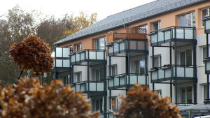 Husen från 1960-talet har genomgått en totalsanering. Nyrenoverade bostadshus i Leineberg.