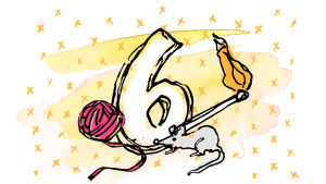 Graafisessa kuvassa numero 6, lankakerä, hiiri ja palava tulitikku.