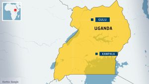Gulu ligger i norra Uganda. En karta över Uganda, med huvudstaden Kampala samt orten Gulu i norr utmärkta med blå banners.