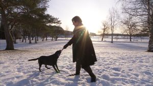 Nelivuotias Lucy pääsee pastori Marja Juntusen kanssa usein luontoon. Marjan varoista osa käytetään hänen kuolemansa jälkeen Maailman luonnonsäätiön WWF:n kautta suden ja lumileopardin suojeluun Pastori Marja Juntunen leikkii Lucy-koiransa kanssa Joensuun kirkkopuistossa 2/17