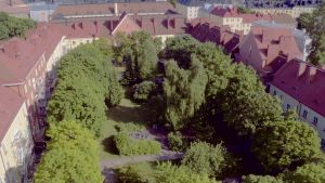 Vallilan Apinalinnanakin tunnetulle pihalle mahtuu niin grillipaikka, pyykkitelineet kuin asukkaiden viljelylaatikot. Piha on Korttelipihat takaisin -liikkeen esikuva. Taivaalta kuvattu kaupungin tiivis korttelipiha. Punakattoisten keltaisten ja punaisten talojen väliin jää suuri vihreä sisäpiha. Pihalla on suuria puita, pensaita ja nurmikkoa.