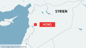 Kartan visar att Homs ligger nära gränsen till Libanon i västra Syrien.