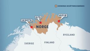 Kvänerna vandrade från områdena kring Tornedalen, norra Österbotten och Lappland till platser i hela nuvarande Nordnorge. En karta över kvenernas bosättningsområden, från Vadsö i öster till Skibotn i väster.