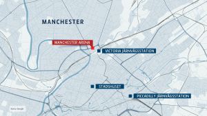 Knivattacken på nyårsafton utfördes på Victoria station, invid Manchester arena En karta på Manchester.