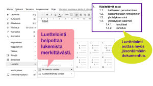 Luettelon alkuun voi valita numerot tai luettelomerkit. Kuvassa Google Docs. Näyttökuva Google Docs dokumentista, vaaleanpunaisessa puhekuplassa lukee: Luettelointi helpottaa lukemista merkittävästi ja vihreässä puhekuplassa lukee: Luettelointi auttaa jäsentämään dokumenttia.