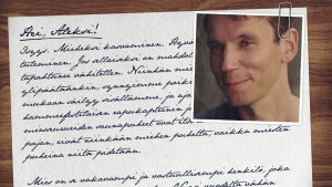 Käsin kirjoitettu kirje, johon on liitetty laitaan Juha Itkosen kuva.