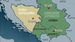Karttakuva Bosnia-Hertsegovinan, Serbian, Montenegron ja Kosovon alueista.