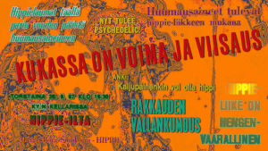 Psykedeelisen valaistusefektin päällä hippie-aiheisia suomalaisia lehtiotsikoita vuosilta 1967-1970. 