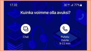Nordean sovellus kertoo jonotusajan asiakaspalveluun. Kuvakaappaus Nordean mobiilisovelluksesta: Kerrotaan jonotusaika asiakaspalveluun.