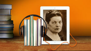 Kirjapinoilla on kuulokkeet ja ipadin kuvassa Maria Jotuni