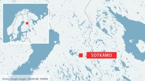 Talvivaara inledde gruvdrift i Sotkamo 2008. Det massiva gruvområdet är lika stort som 1/3 av Helsingfors. Karta över Finland. där Sotkamo finns inprickat.