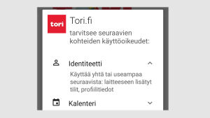 Vanhemmissa Android-laitteissa moni sovellus vaatii lupaa identiteettiin. Peruskäyttäjälle on epäselvää, mitä se tarkoittaa. Kuva versiosta 5.0. Kuvakaappaus sovelluksen asennuksesta Android-puhelimella (versio 5.0): Osa sovelluksen haluamista oikeuksista.
