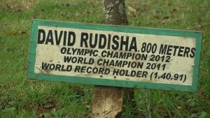 David Rudishan saavutusten kunniaksi istutetun puun omistuskyltti St. Patrickin koulun pihamaalla. David Rudishan kunniaksi istutetun puun kyltti St.Patrickin koulun pihalla Itenissä Keniassa