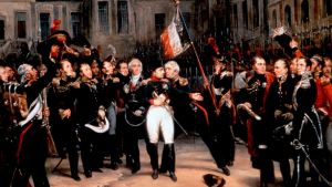 Napoleon jättää jäähyväiset Kaartilleen Fontainebleaun linnan hovissa