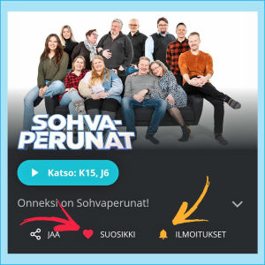 Det röda hjärtat markerar att programmet hör till dina favoriter och den gula klockan markerar att du beställt notiser om nya avsnitt Kuvakaappaus Yle Areenasta: Sarja on suosikkina ja uusista osista on tilattu ilmoitukset.