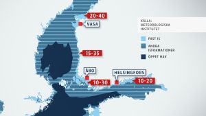 De ljusblå områdena är fast is och talen anger hur tjock den är. Här kan man gå om man är normalförsiktig. Grafik som visar isläget vid Finlands kuster