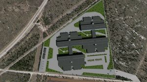 Så här kunde en datacentral se ut på Koverharområdet i Hangö, tänker man inom Hanko Data Parks. Den är placerad på det skogsområde som ligger mellan Visko Teepak och det gamla fabriksområdet i Koverhar. En visualisering av byggnader uppifrån.