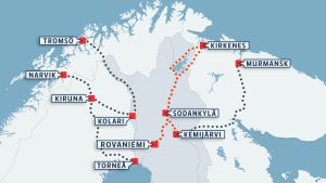 Visionen för Ishavsbanan. Ishavsbanan föreslås sträcka sig från Rovaniemi till Kirkenes.