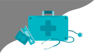 Kuvituskuva lääkärinsalkusta, jonka ympärillä näkyy stetoskooppi sekä passi ja matkalippu