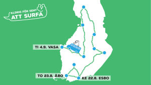 Hela turnén kommer att beöka det på kartan utmärkta städerna. På svenska är vi med i Vasa, Åbo och Esbo Bild på en karta där främst södra och västra Finland syns med Esbo, Åbo och Vasa utmärkta på kartan.