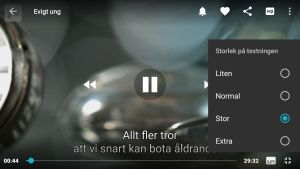 På bilden visas hur man justerar storleken på textningen. De övriga inställningarna görs via samma knapp. Skärmkapning som visar hur man kan justera storleken på textningen i Arenan.