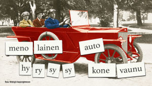 Kuvituskuva: vanha valokuva miehistä autossa, kuvan päällä ehdokkaita auto-sanalle, kuten hyrysysy. Kuvalähde: Helsingin kaupunginmuseo.