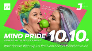 Osallistu Mind Prideen 10.10.2018! Mainoskuva Mind Pridesta 10.10. Kuvassa Jenny ja Saara puraisevat samaa omenaa.